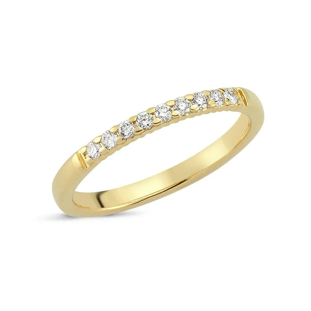 Nuran Lucca gold ring with diamonds shown close up, slim gold ring with nine small diamonds. Model a2428-015rg-001