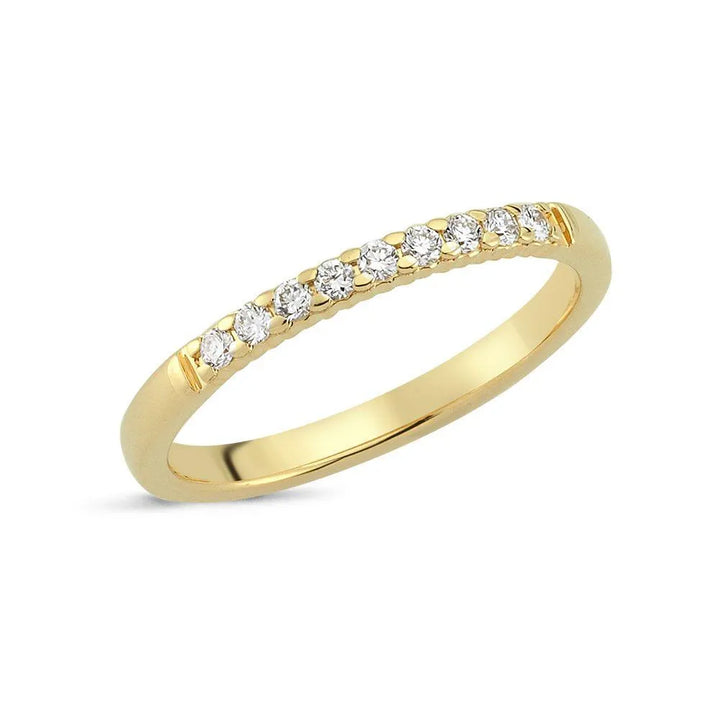Nuran Lucca gold ring with diamonds shown close up, slim gold ring with nine small diamonds. Model a2428-015rg-001