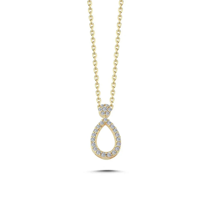Nuran Mira 14kt necklace 0.14ct W/SI showcases an elegant drop-shaped pendant in gold with sparkling diamonds. Model V2502-014RG-2