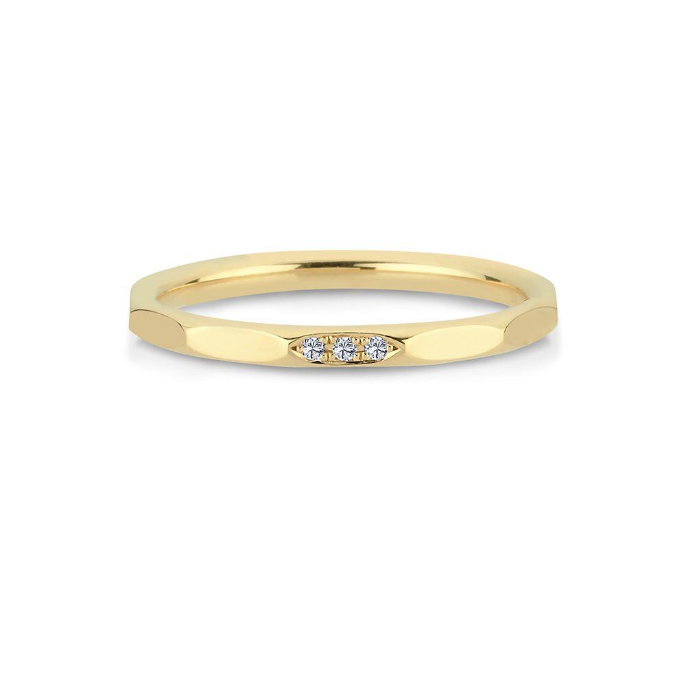 Nuran Noelle 14kt gold ring 0.015ct WSI with three small diamonds in shiny gold surface. Model a3065-0015rg-001-1