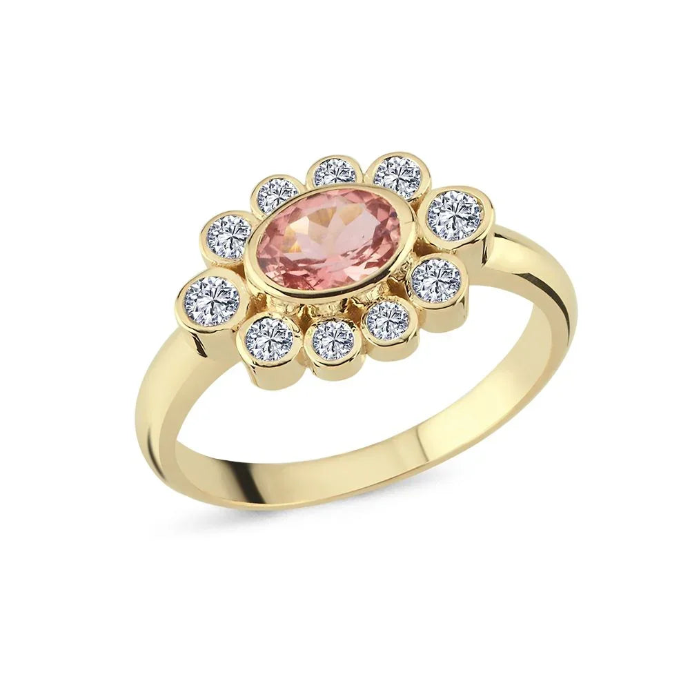 Nuran Royal 14kt ring with tourmaline and brilliants, elegant gold ring with pink stones and clear diamonds. Model R2523TU-056RG-001