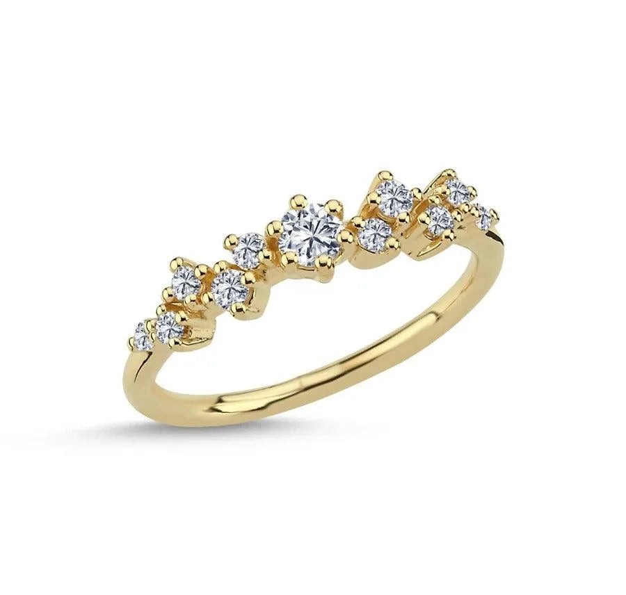 Nuran Twinkle Ring with diamonds, elegant gold ring with facet cut diamonds on white background. Model a2121-026-001