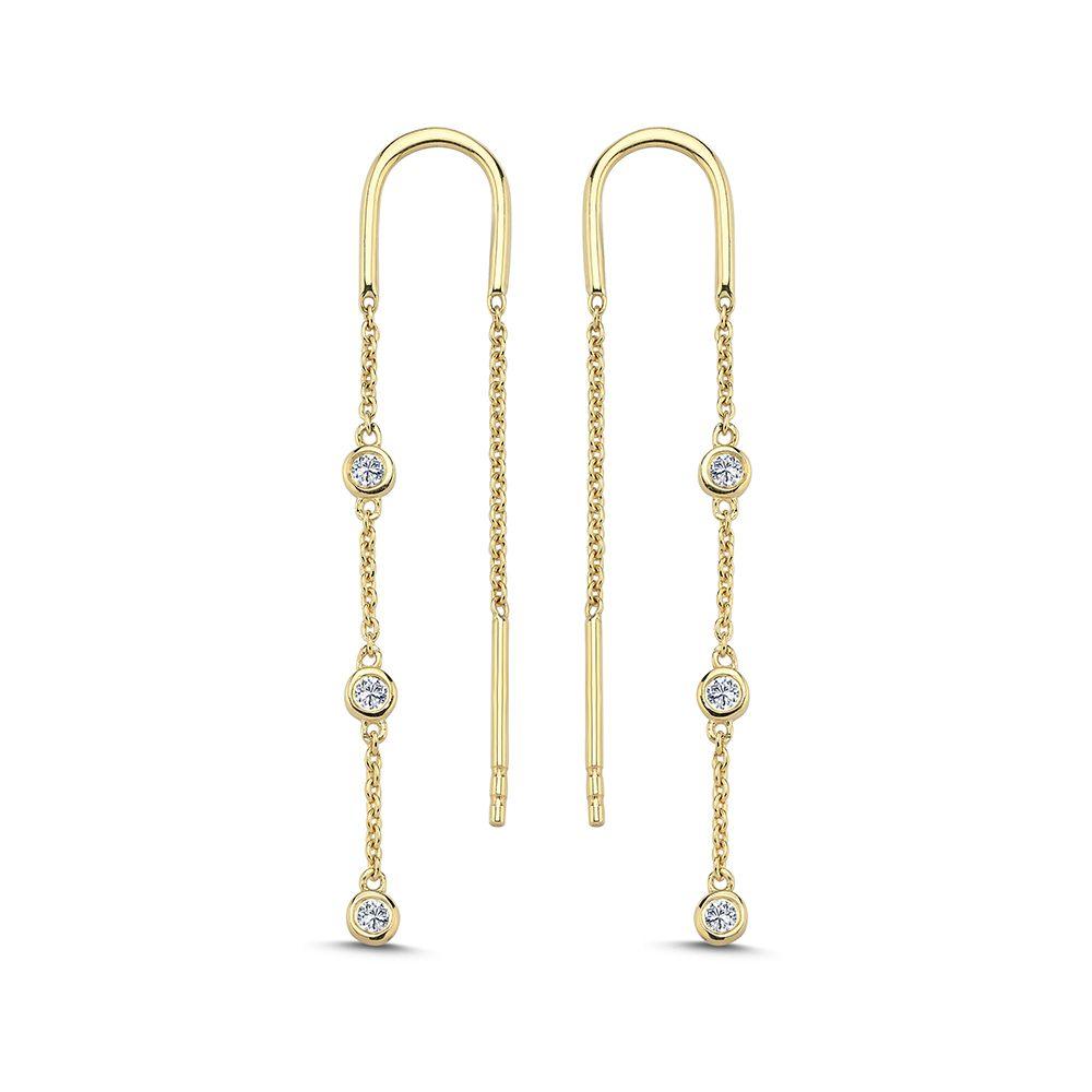 nuran-zoe-14kt-gold-chain-earrings-with-diamonds, elegant long chain earrings in yellow gold with three sparkling diamonds. Model o1002-015rg-1