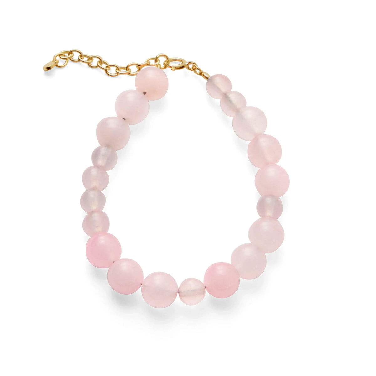 Pernille Corydon Blush gold plated bracelet with round rose quartz beads, adjustable chain closure. Model B-526-GP-1
