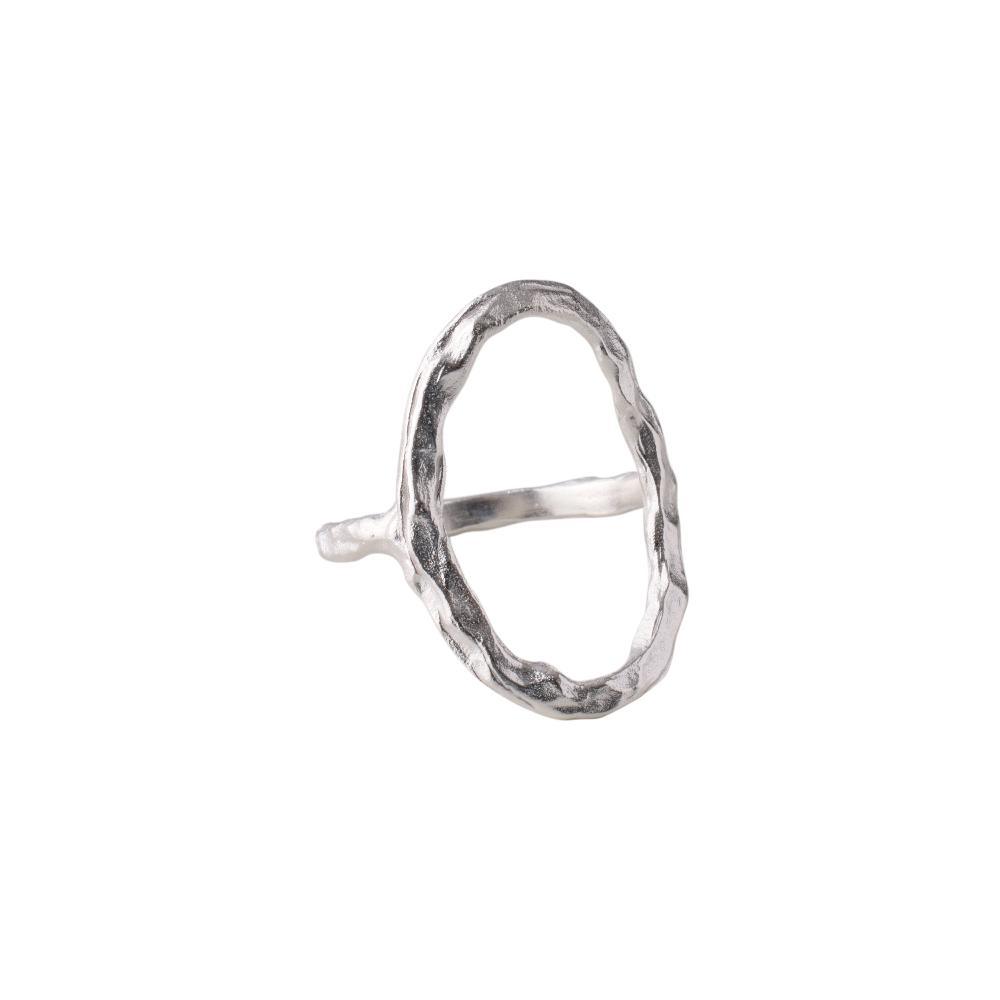 Pernille Corydon Cloud Silver Ring viewed from the side with organic, open oval shape. Model R-566-S-003-1