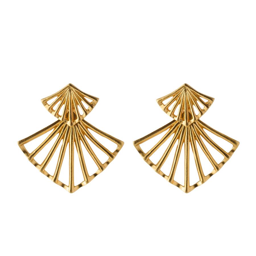 Pernille Corydon Dancing Ballerina gold-plated earrings with graphic fan shape in matte gold. Model E-349-GP