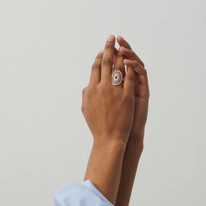 Pernille Corydon Daylight Signature Ring in silver displayed on hand, elegant and detailed, Model r-572-s-001