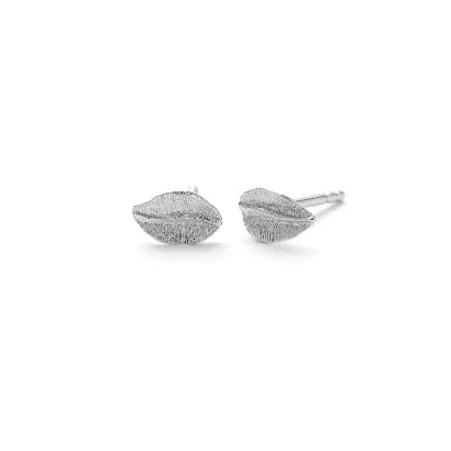 Pernille Corydon Elm Leaf earrings in silver shown as a set of small leaf-shaped silver earrings. Model E-329-S