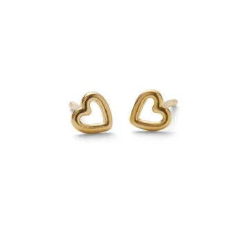 Pernille Corydon Eternal Earrings in Gold Plated shows a pair of small heart shaped earrings in golden metal. Model E-492-GP-1.