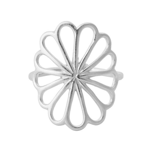 Pernille Corydon Large Bellis silver ring with elegant carved floral design, Model R-328-S-003