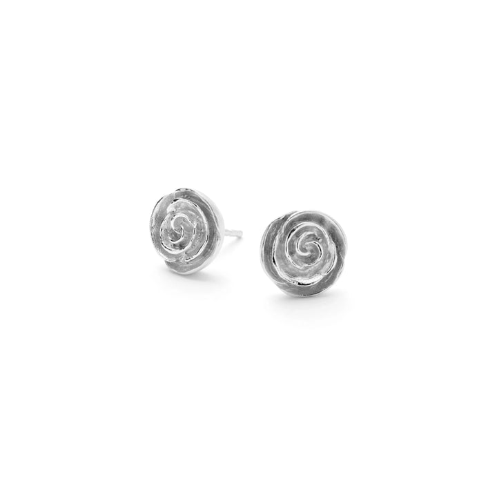 Pernille Corydon Medium Rose earrings in silver, two rose ornaments with a matte finish on a white background. Model E-536-S