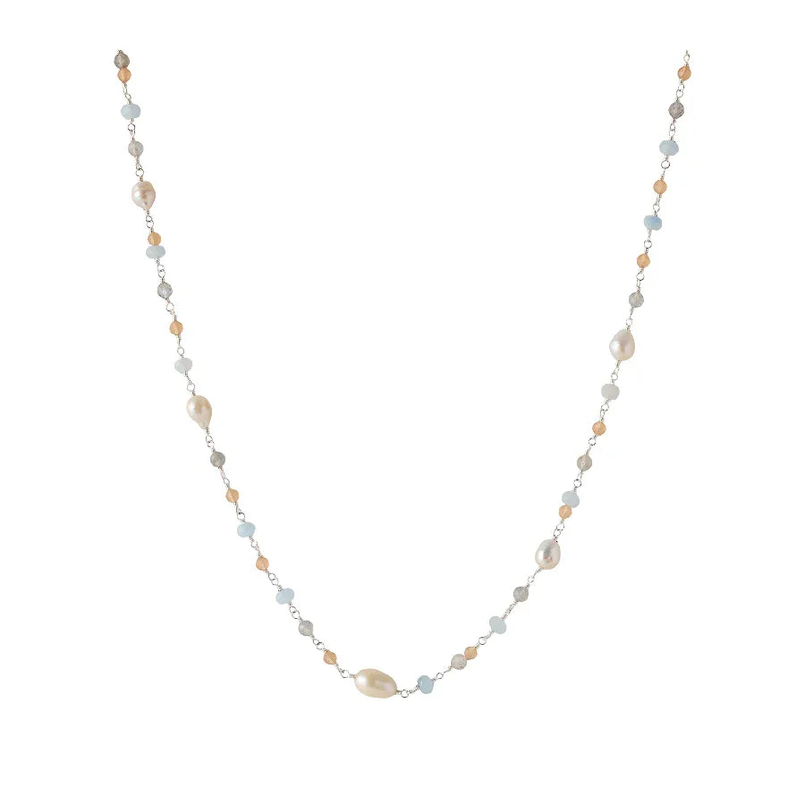 Pernille Corydon Mellow Blue Necklace Silver shows an elegant chain with blue, pink and white stones, Model N-375-s-1.