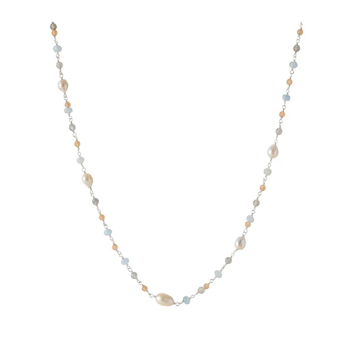 Pernille Corydon Mellow Blue Necklace Silver shows an elegant chain with blue, pink and white stones, Model N-375-s-1.