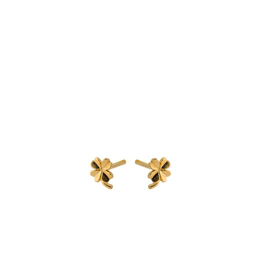 Pernille Corydon Mini Clover earrings in gold-plated silver, small four-leaf clover earrings on a white background. Model E-319-GP