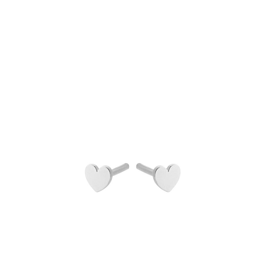 Pernille Corydon Mini Heart earrings in silver, showing two small heart-shaped earrings on a white background. Model e-318-s