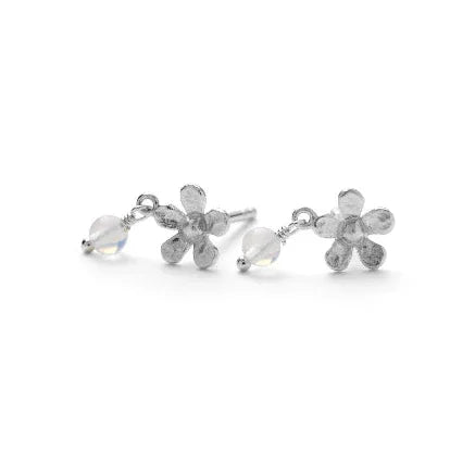 Pernille Corydon Moonstone Poppy earrings in silver with floral design and drop-shaped stone, Model E-370-S