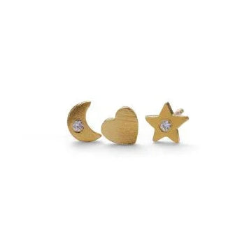Pernille Corydon Night Light Earsticks shows three small earsticks in a gold-plated look: moon, heart, star. Model C-122-GP-1.