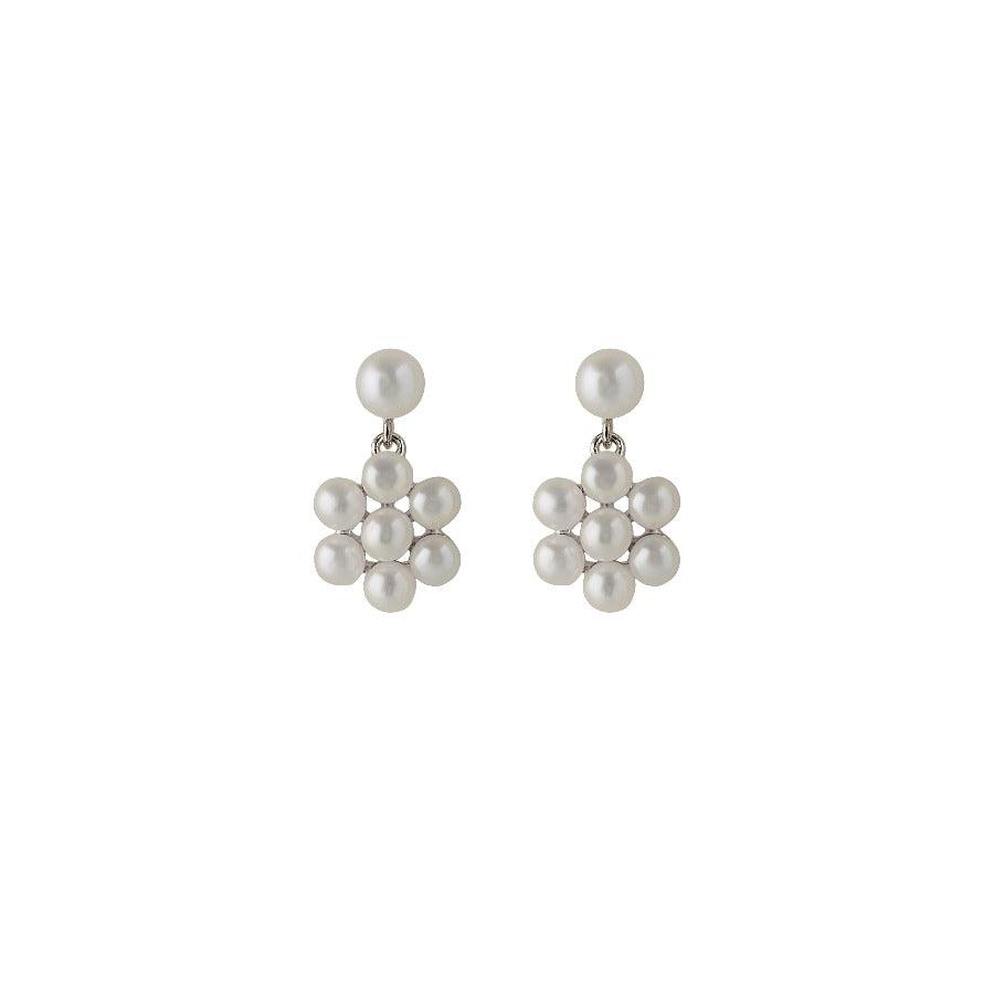 Pernille Corydon Ocean Bloom Earrings in silver with pearl details, front view. Model E-444-s.