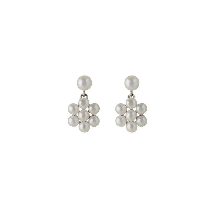 Pernille Corydon Ocean Bloom Earrings in silver with pearl details, front view. Model E-444-s.