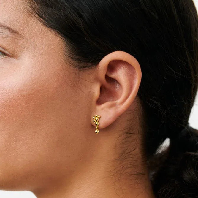 Pernille Corydon Pebble earrings in gold-plated, shown on ear in close-up. Model E-460-GP-1.