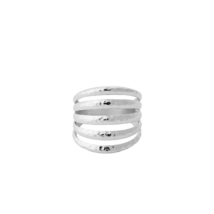Pernille Corydon Poetry Ring in silver, wide hammered ring with four open bands. Model R-214-S-004