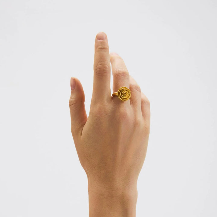 Pernille Corydon Rose Gold Plated Ring worn on finger, elegant rose gold design. Model R-537-GP-001