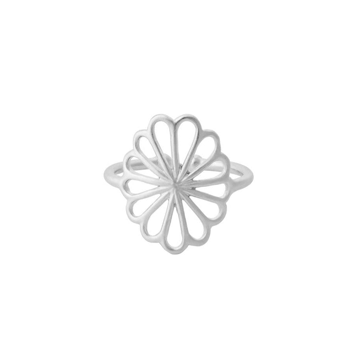 Pernille Corydon Small Bellis Ring in silver with floral inspired open front, Model R-326-S-003-1.