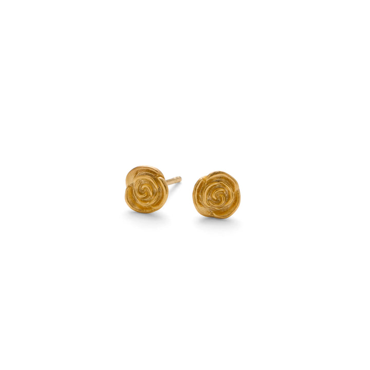 Pernille Corydon Small Rose gold-plated stud earrings appear as small, detailed rose stickers in gold on a white background. Model E-535-GP-1