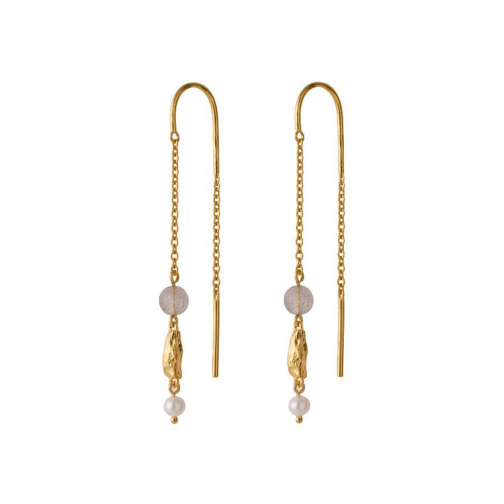 Pernille Corydon Soft Sky chain earrings gold-plated with gray stone and pearl, elegant design. Model E-355-GP