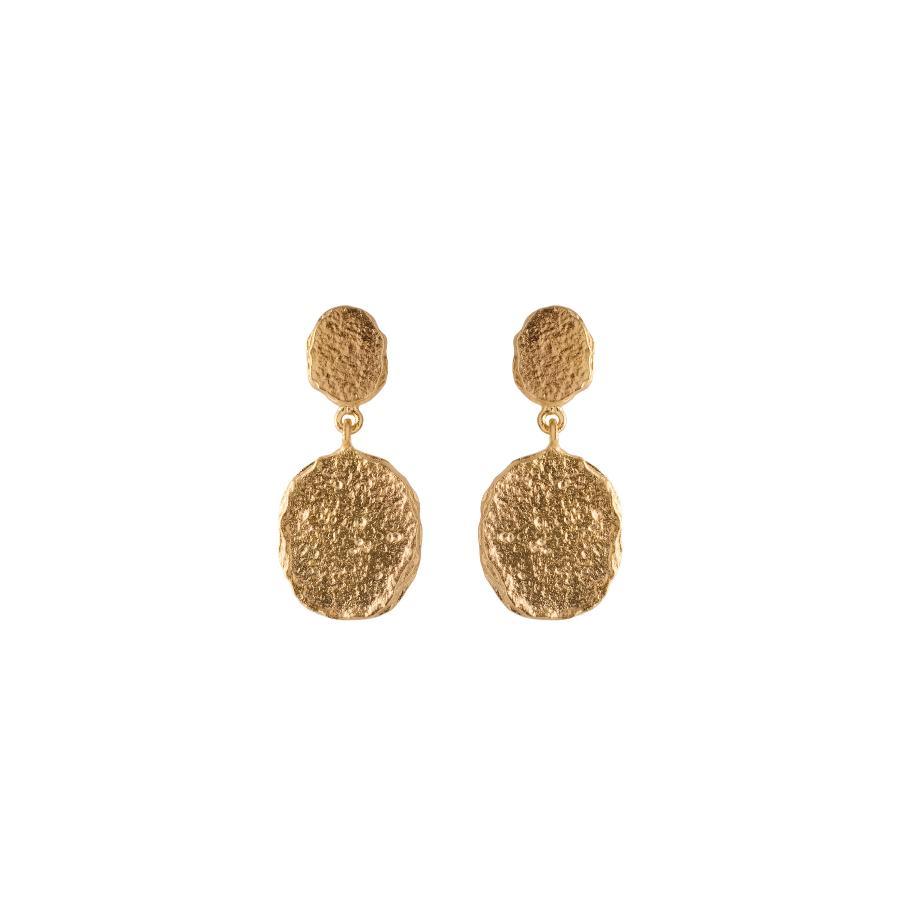 Pernille Corydon Storm Gold Plated Earrings, raw texture in gold look, two-piece design. Model E-048-GP-1