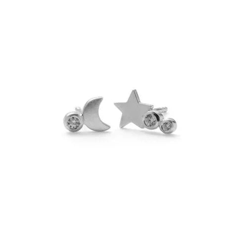 Pernille Corydon Twinkle Earrings in silver with star, moon and small clear stones. Model E-468-S-1.