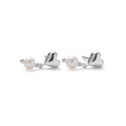 Pernille Corydon White Adore Earrings in silver with heart and pearl detail, Model E-507-S.