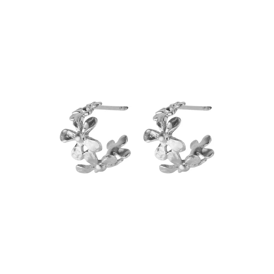 Pernille Corydon Wild Poppy Hoops silver, detailed floral design shown from the side. Model E-368-S.