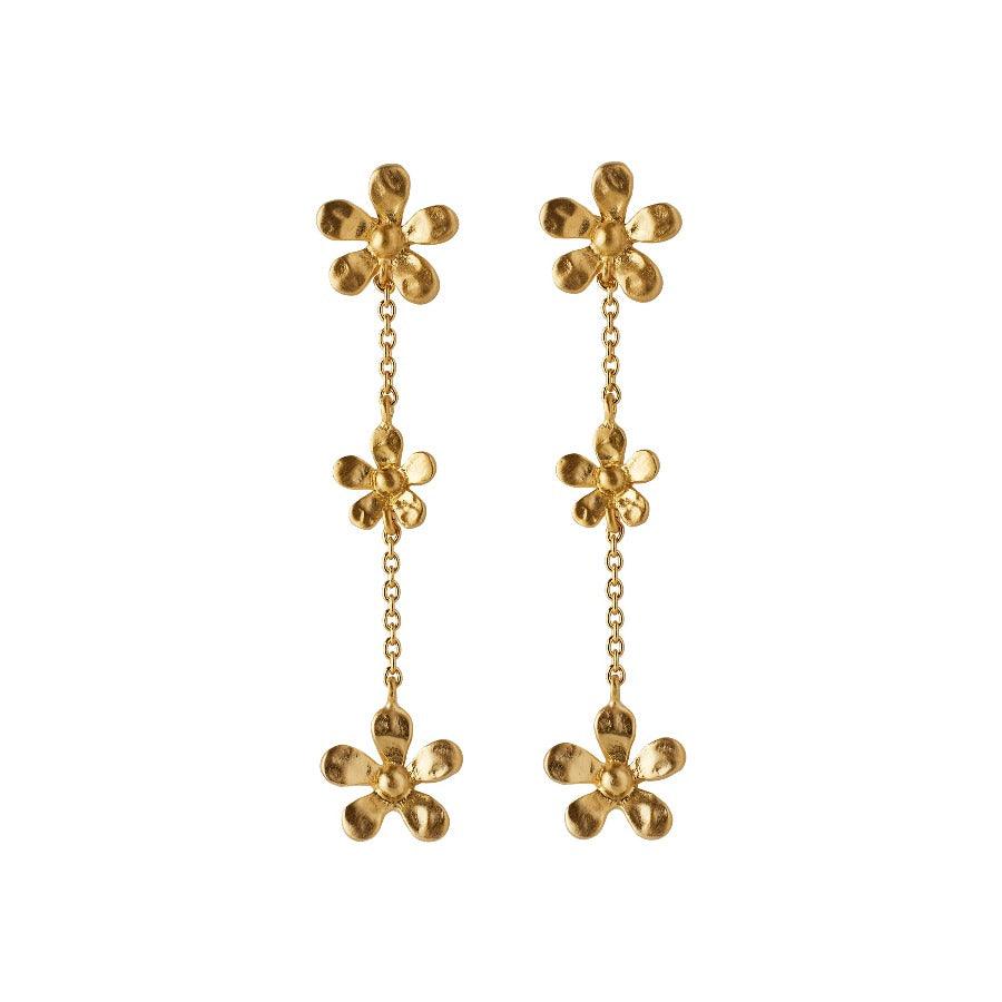 Pernille Corydon Wild Poppy Earrings in gold-plated silver with three flower links, Model E-363-GP-1.