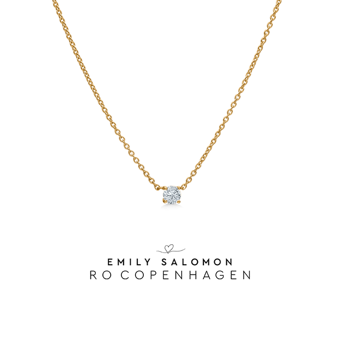 RO Copenhagen Floating Diamond 0.10 Emily Salomon necklace in gold with single diamond, Model N110Y102-001.