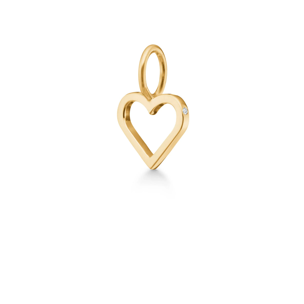 ro copenhagen symbols open heart pendant 18 kt gold shows a heart pendant in bright gold with small diamond detail. Model p111y107-1