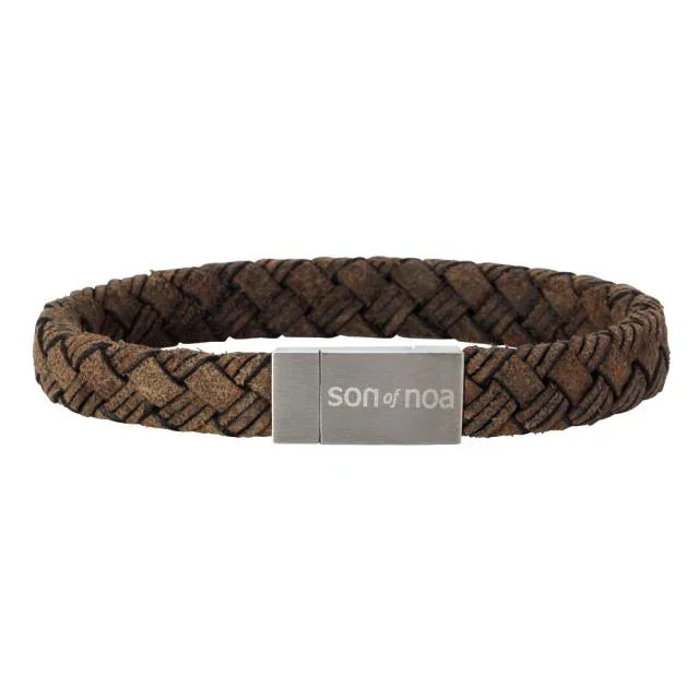 Son of Noa men's bracelet in brown braided leather with steel clasp, shown on white background. Model 809700393