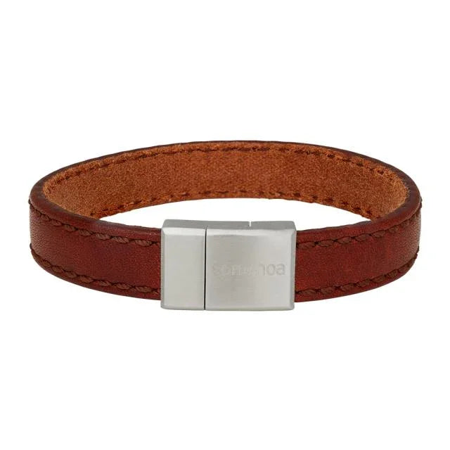 Son of Noa men's bracelet in brown leather with silver clasp, shown against a white background. Model 809701692-001-1
