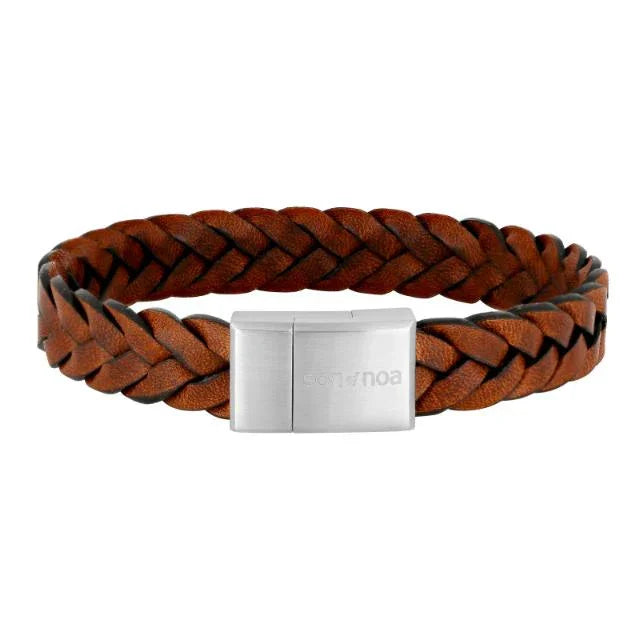 Son of Noa men's bracelet in brown leather with braid and matt steel clasp, Model 809702692-001-1.
