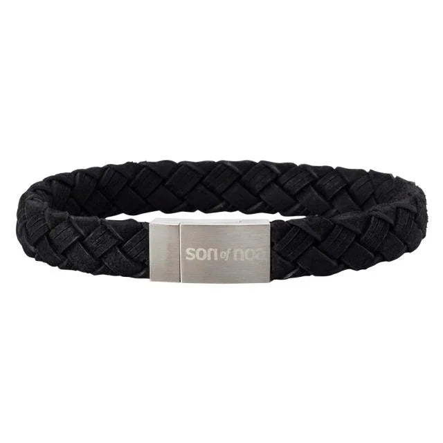 Son of Noa men's bracelet in black leather with braided design and matte metal clasp. Model 809700391-001-1