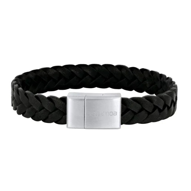 Son of Noa men's bracelet in black leather with braided design and matte steel clasp, Model 809702691-001