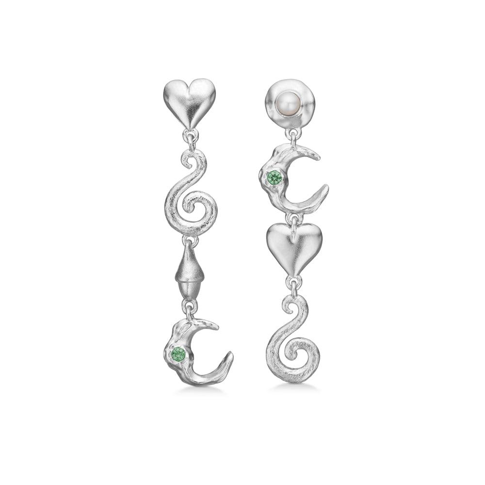 Studio Z Cascade Silver earrings in asymmetrical design with green stone, heart and pearl, Model 7117877-1