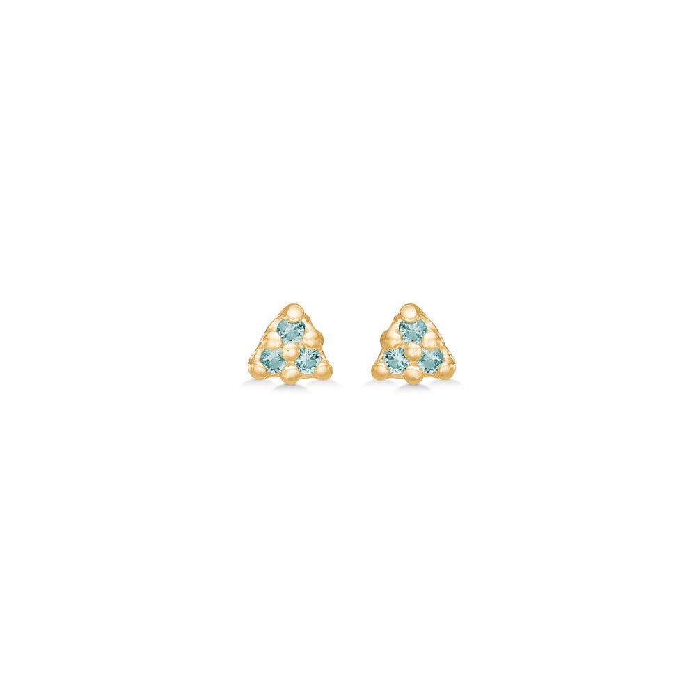Studio Z Cluster Earrings with 3 blue zirconia shows small triangular gold earrings with blue stones, Model 7217850-1.