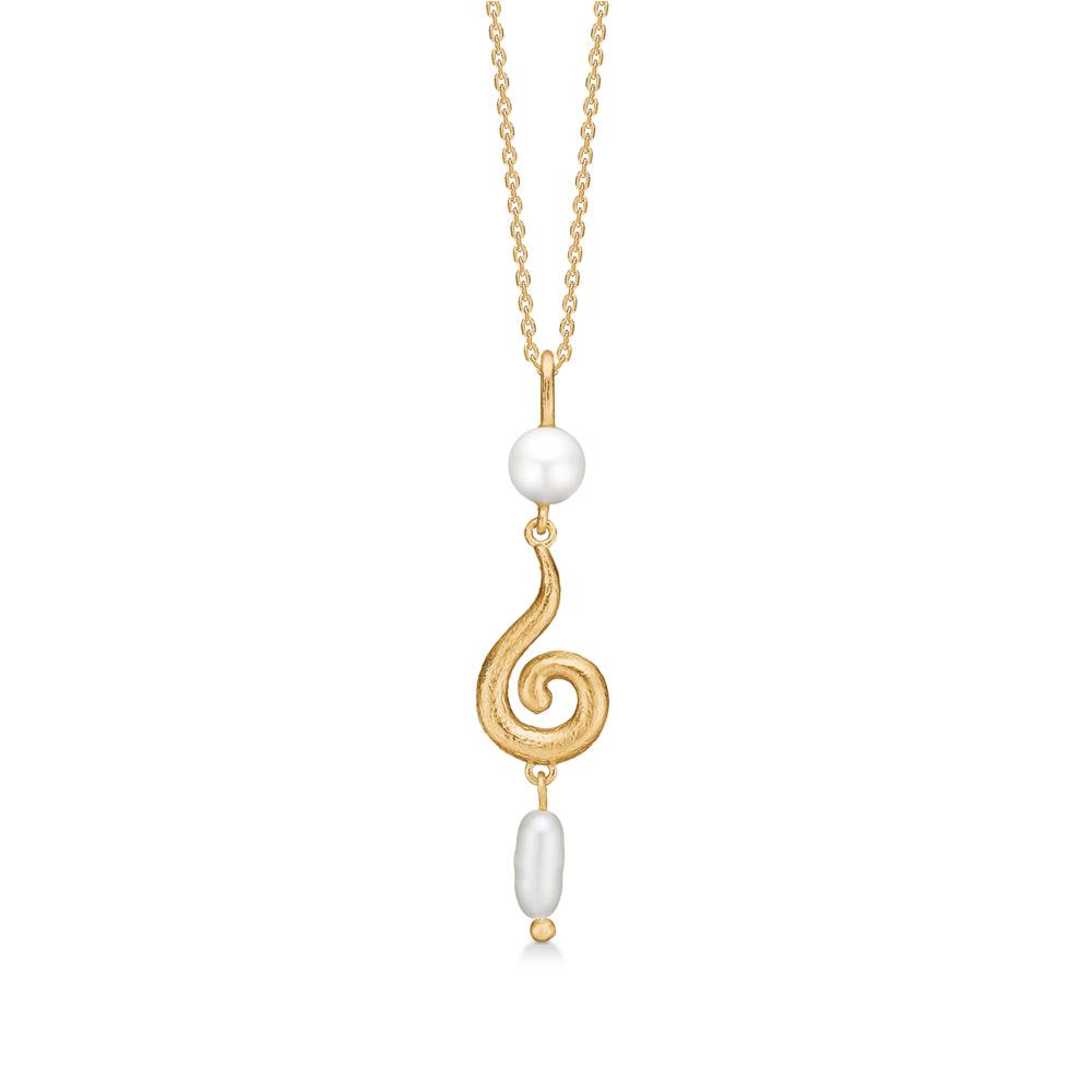 Studio Z Curiosity Gold-plated necklace with pendant with twisted gold shape and two pearls on a white background. Model 7223870