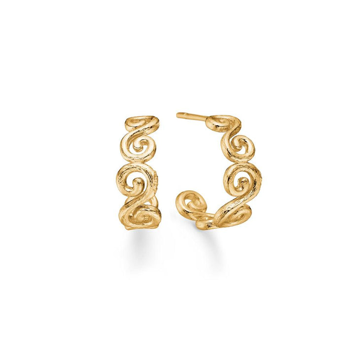 Studio Z Curiosity gold plated creoles, open design with twisted swirl details in gold. Model 7210870