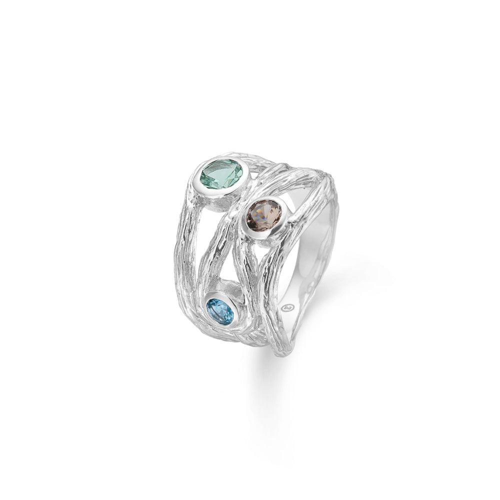 Studio Z Evergreen Ring Silver with structure, three colored stones, wide model. Model 7147820-001.