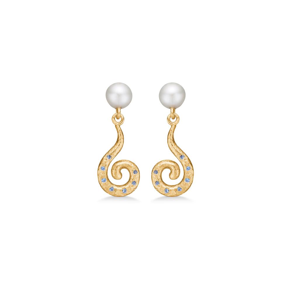 Studio Z Gold-plated Curiosity earrings with blue zirconia and white pearls on a white background. Model 7217871-1