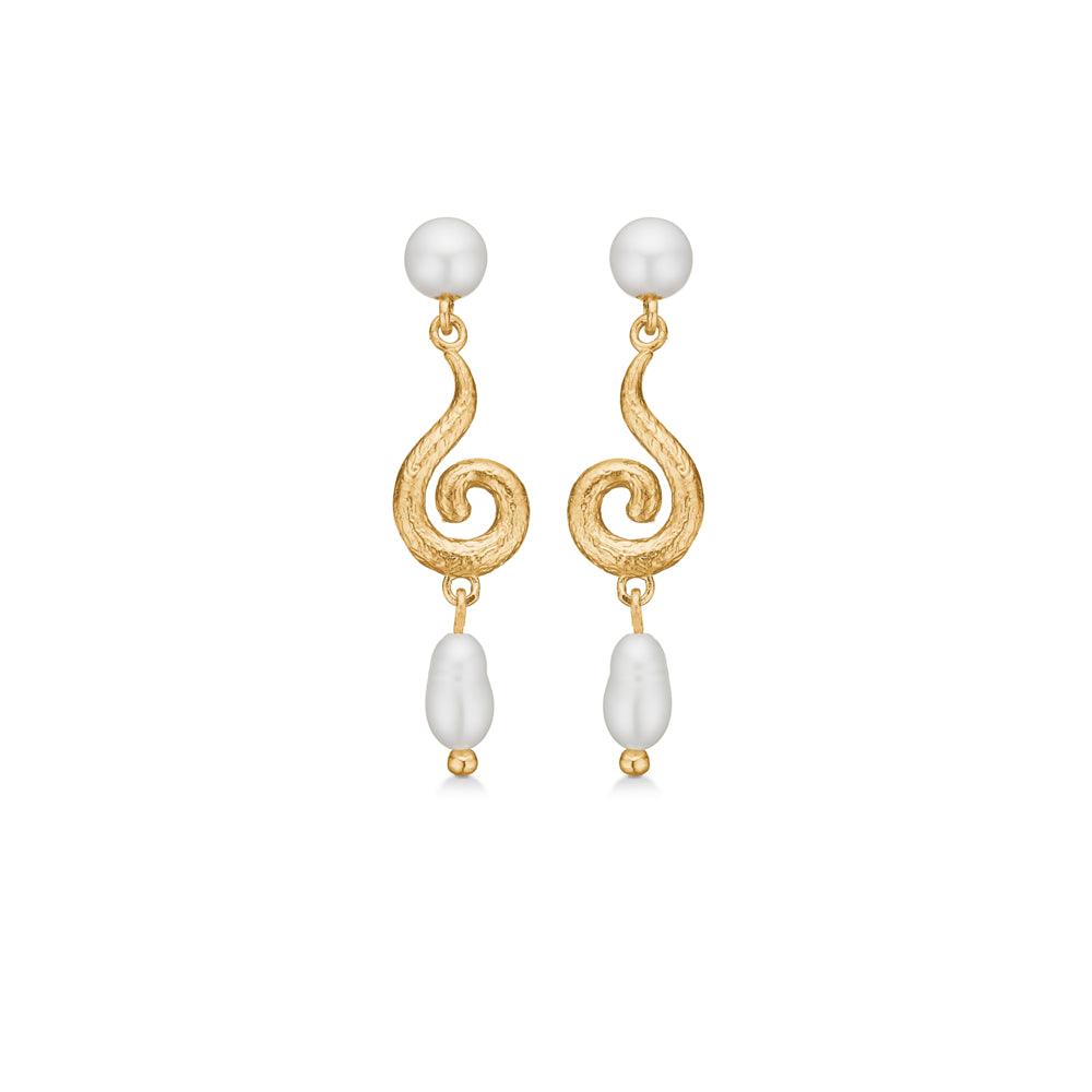Studio Z Gold-plated Curiosity earrings with. pearls, twisted gold design with white pearls on white background. Model 7213870.