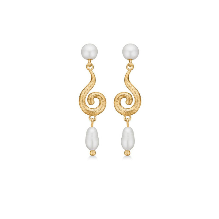 Studio Z Gold-plated Curiosity earrings with. pearls, twisted gold design with white pearls on white background. Model 7213870.