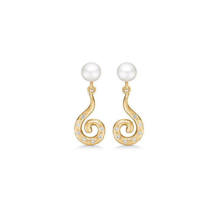 studio z gold plated curiosity earrings with pearls shown as a pair of elegant earrings in gold with white pearl and small stones, Model 7217870-1